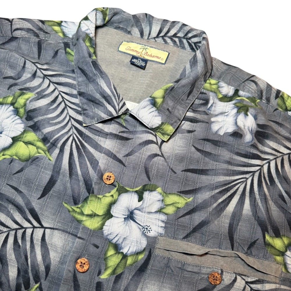 Tommy Bahama Mens XL Silk Shirt Grey Hibiscus Palm Leaf Tropical Short Sleeve